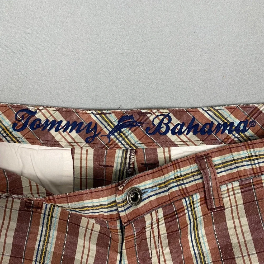 Tommy Bahama Plaid Shorts Mens 40 Brown Linen Silk Blend Flat‎ Front Check Golf